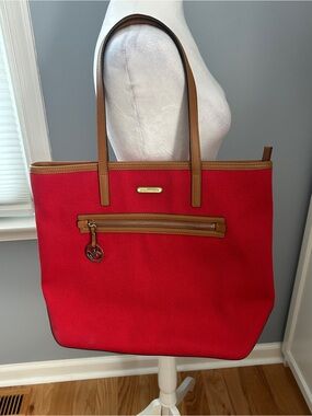 Michael Kors Kempton Red Canvas Large Tote Bag Tan Leather Trim Zip 38S7XKPT7C